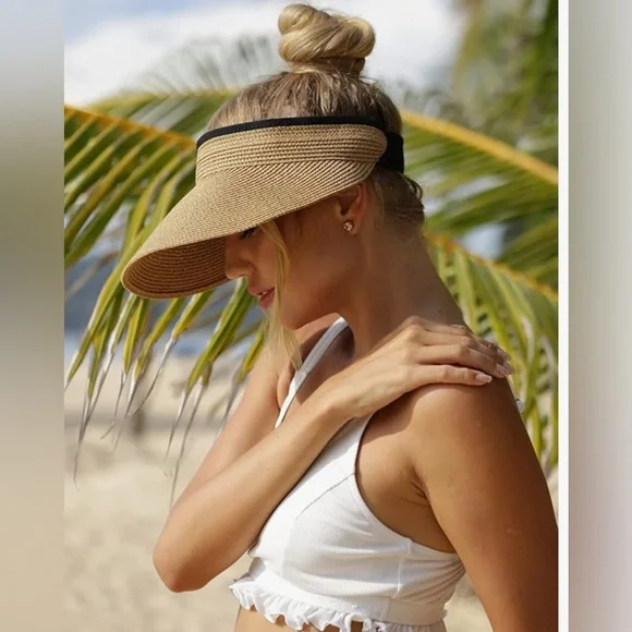 Womens Sun Visor Hat Straw Summer Packable Ponytail Beach Hats Travel UPF 80+ - Picture 6 of 9